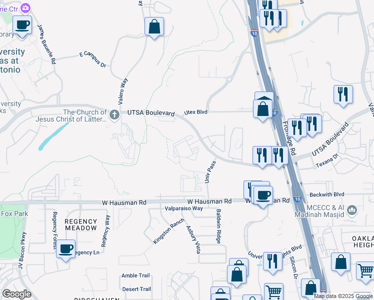 map of restaurants, bars, coffee shops, grocery stores, and more near 5676-5684 UTSA Blvd in San Antonio