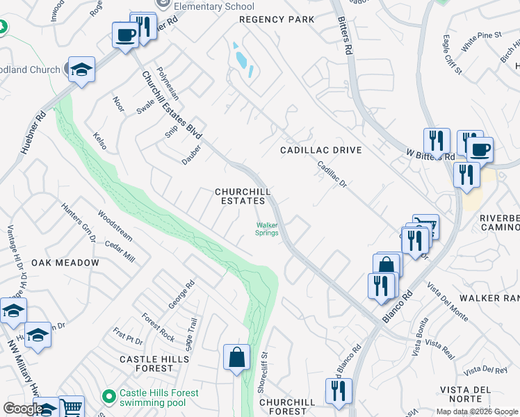 map of restaurants, bars, coffee shops, grocery stores, and more near 14711 Bold Venture in San Antonio