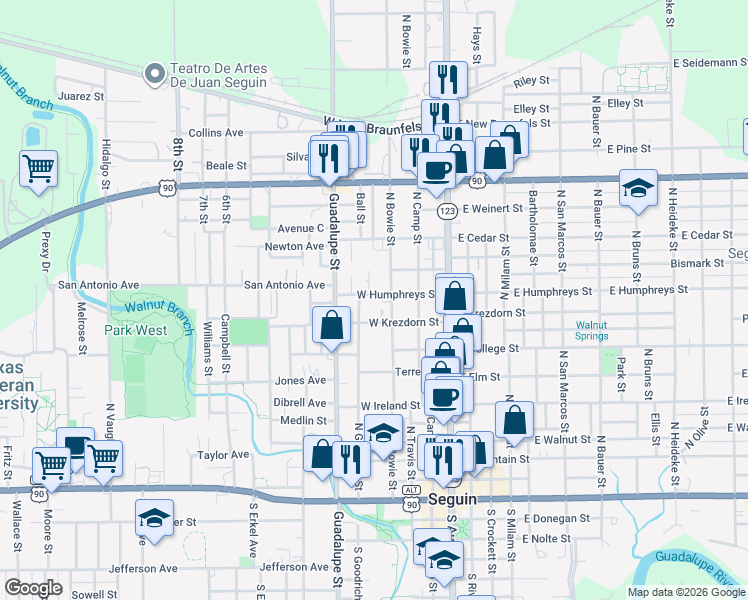 map of restaurants, bars, coffee shops, grocery stores, and more near 315 West Humphreys Street in Seguin