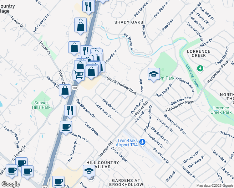 map of restaurants, bars, coffee shops, grocery stores, and more near 14310 Stoddard Drive in San Antonio