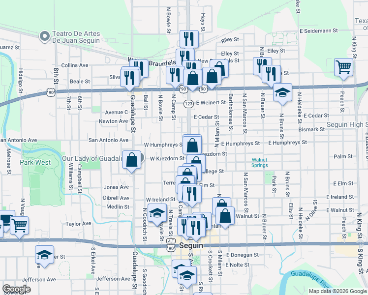 map of restaurants, bars, coffee shops, grocery stores, and more near 912 North Austin Street in Seguin