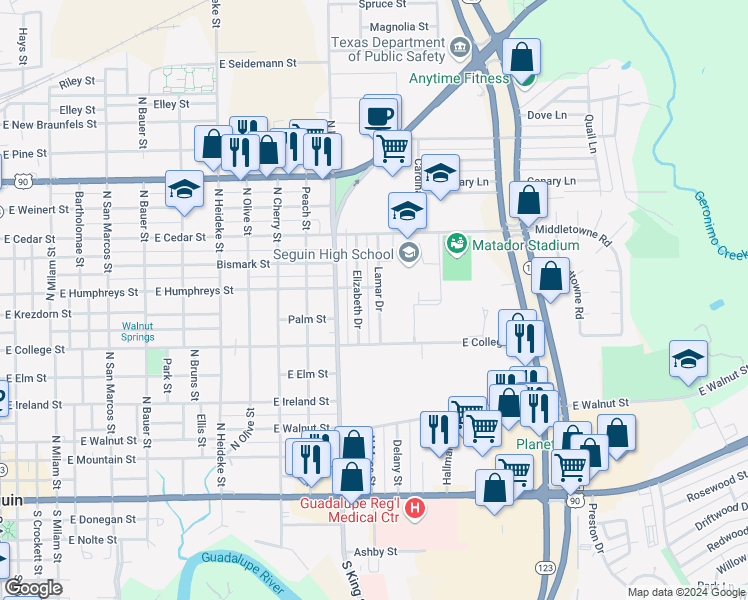 map of restaurants, bars, coffee shops, grocery stores, and more near 806 Lamar Drive in Seguin