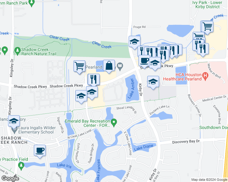 map of restaurants, bars, coffee shops, grocery stores, and more near 11900 Shadow Creek Parkway in Pearland