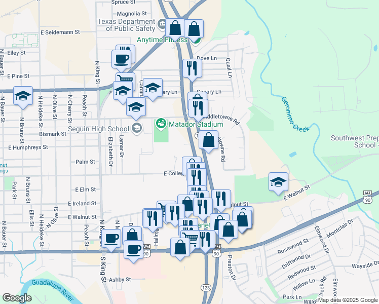 map of restaurants, bars, coffee shops, grocery stores, and more near 900-904 North Highway 123 Bypass in Seguin