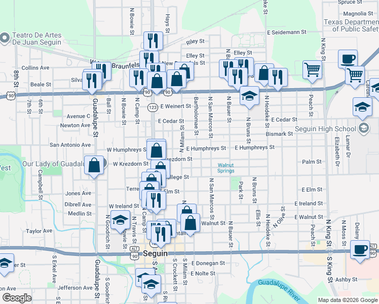 map of restaurants, bars, coffee shops, grocery stores, and more near 913 North Milam Street in Seguin