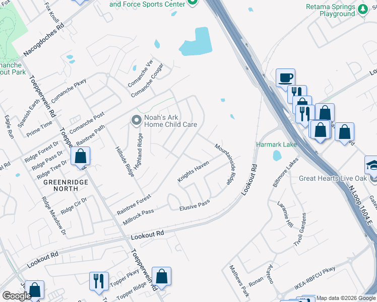 map of restaurants, bars, coffee shops, grocery stores, and more near 7026 Raintree Forest in San Antonio