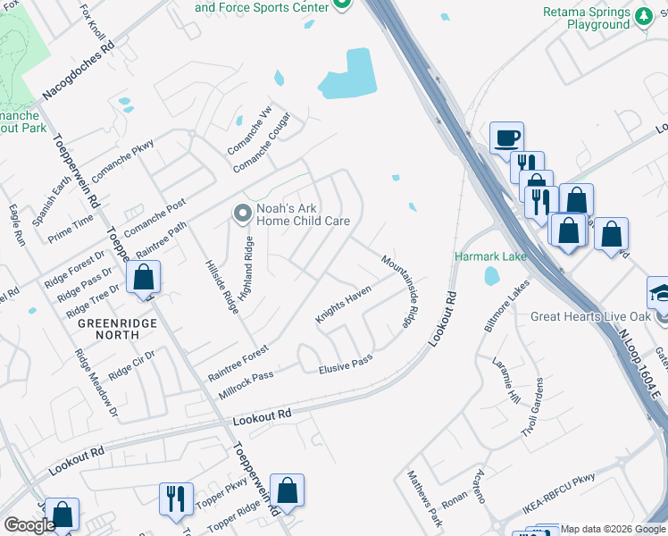 map of restaurants, bars, coffee shops, grocery stores, and more near 7026 Raintree Forest in San Antonio