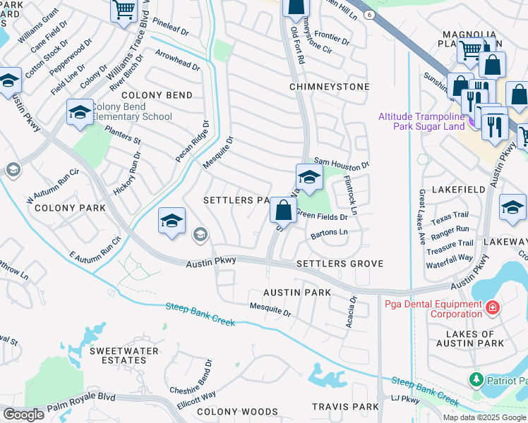 map of restaurants, bars, coffee shops, grocery stores, and more near 3114 Timber View Drive in Sugar Land