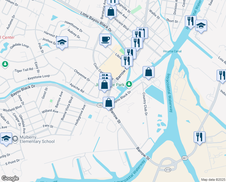 map of restaurants, bars, coffee shops, grocery stores, and more near 3034 Barrow Street in Houma
