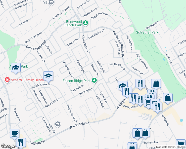 map of restaurants, bars, coffee shops, grocery stores, and more near 133 Falcon Park in Cibolo