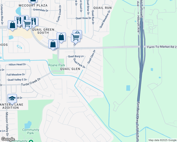 map of restaurants, bars, coffee shops, grocery stores, and more near 17110 Quail Park Drive in Missouri City
