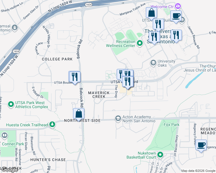 map of restaurants, bars, coffee shops, grocery stores, and more near 143 Adelaide Oaks in San Antonio
