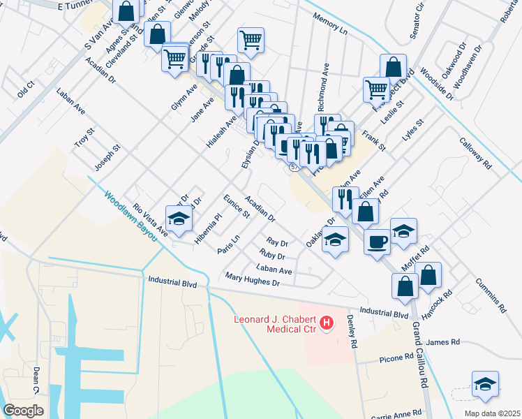 map of restaurants, bars, coffee shops, grocery stores, and more near 1899 Acadian Dr in Houma