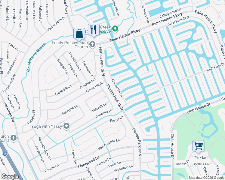 map of restaurants, bars, coffee shops, grocery stores, and more near 123 Florida Park Drive North in Palm Coast