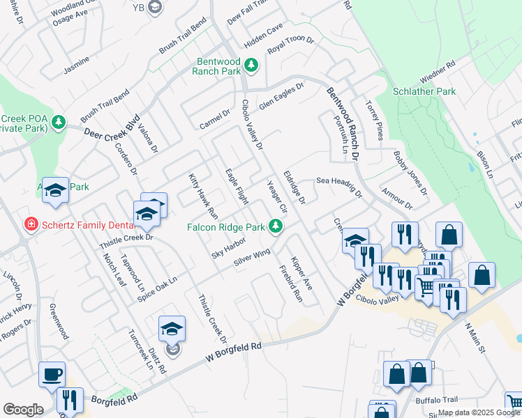 map of restaurants, bars, coffee shops, grocery stores, and more near 124 Falcon Park in Cibolo