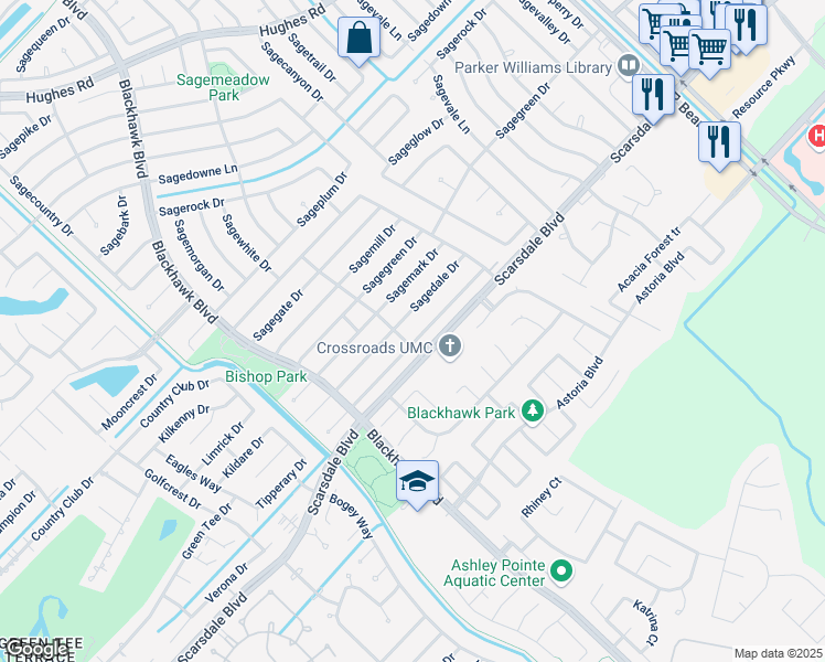 map of restaurants, bars, coffee shops, grocery stores, and more near 10107 Sagedale Drive in Houston