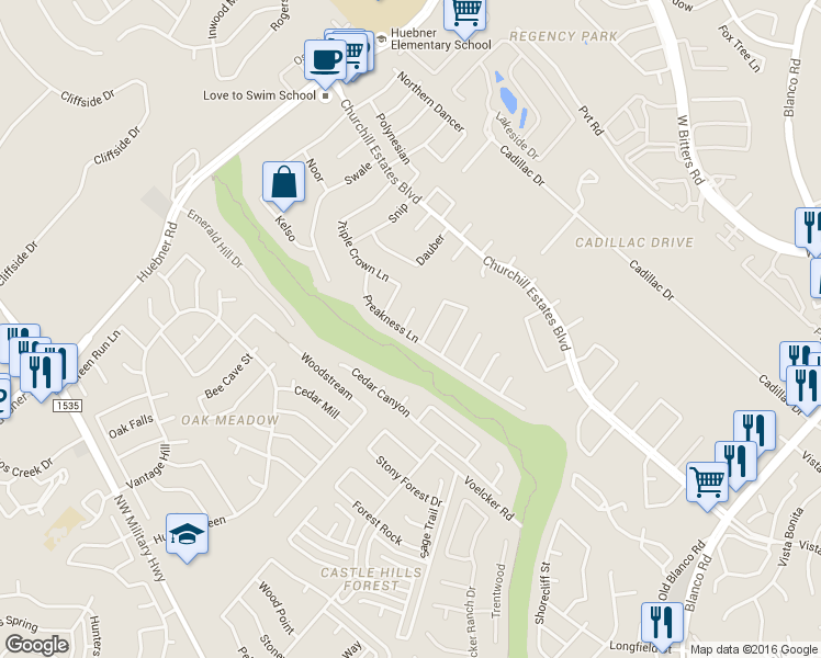 map of restaurants, bars, coffee shops, grocery stores, and more near 14218 Before Dawn in San Antonio
