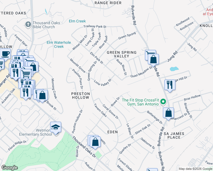 map of restaurants, bars, coffee shops, grocery stores, and more near 14926 Enchanted Castle in San Antonio