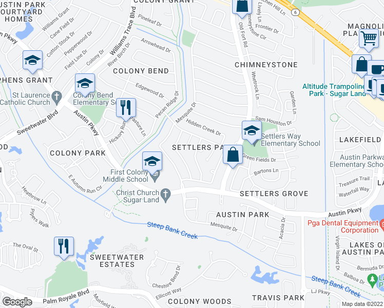 map of restaurants, bars, coffee shops, grocery stores, and more near 3130 Pebble Lake Drive in Sugar Land