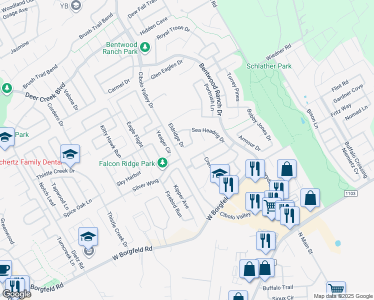 map of restaurants, bars, coffee shops, grocery stores, and more near 309 Hazeltine Way in Cibolo