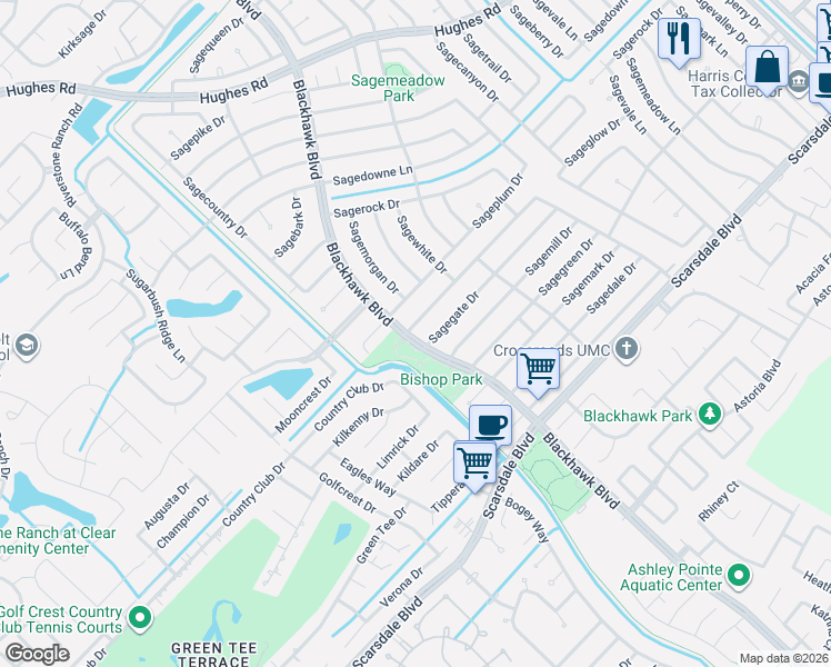 map of restaurants, bars, coffee shops, grocery stores, and more near 9910 Sageglow Drive in Houston
