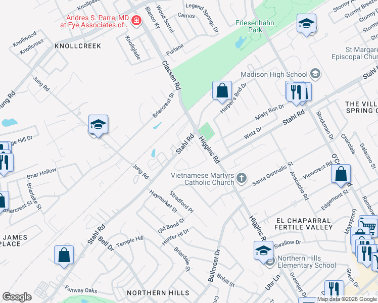 map of restaurants, bars, coffee shops, grocery stores, and more near 4512 Stahl Road in San Antonio