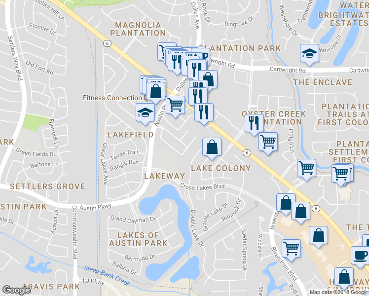 map of restaurants, bars, coffee shops, grocery stores, and more near 4822 Autumn Lakes in Missouri City