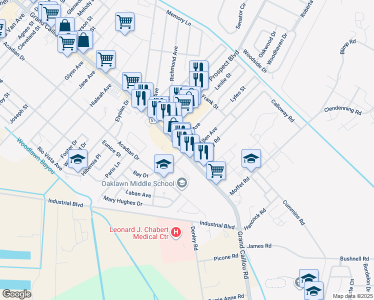 map of restaurants, bars, coffee shops, grocery stores, and more near 199 Jean Ellen Avenue in Houma