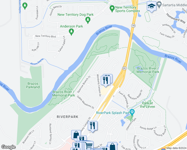 map of restaurants, bars, coffee shops, grocery stores, and more near 2310 Sparrow Branch Court in Sugar Land