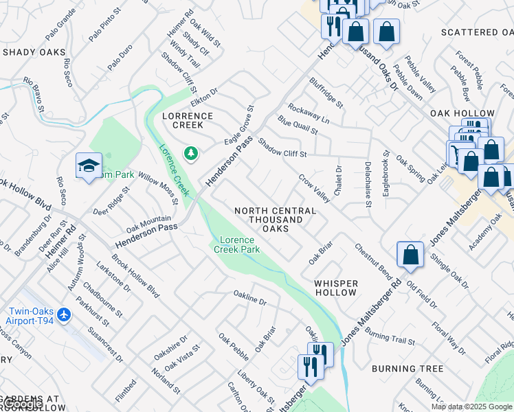 map of restaurants, bars, coffee shops, grocery stores, and more near 2415 Moss Terrace in San Antonio