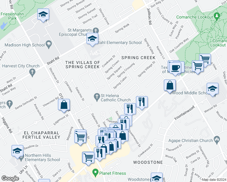 map of restaurants, bars, coffee shops, grocery stores, and more near 5802 Spring Cabin in San Antonio