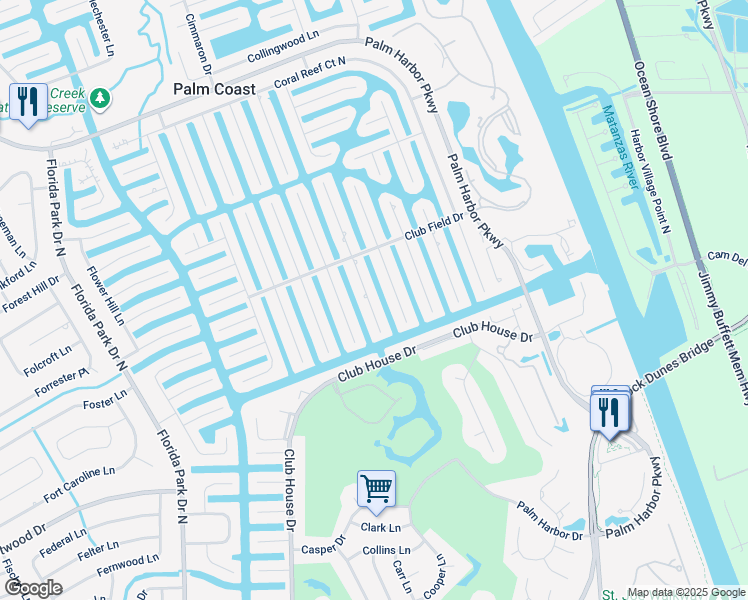 map of restaurants, bars, coffee shops, grocery stores, and more near 15 Cloverdale Court South in Palm Coast
