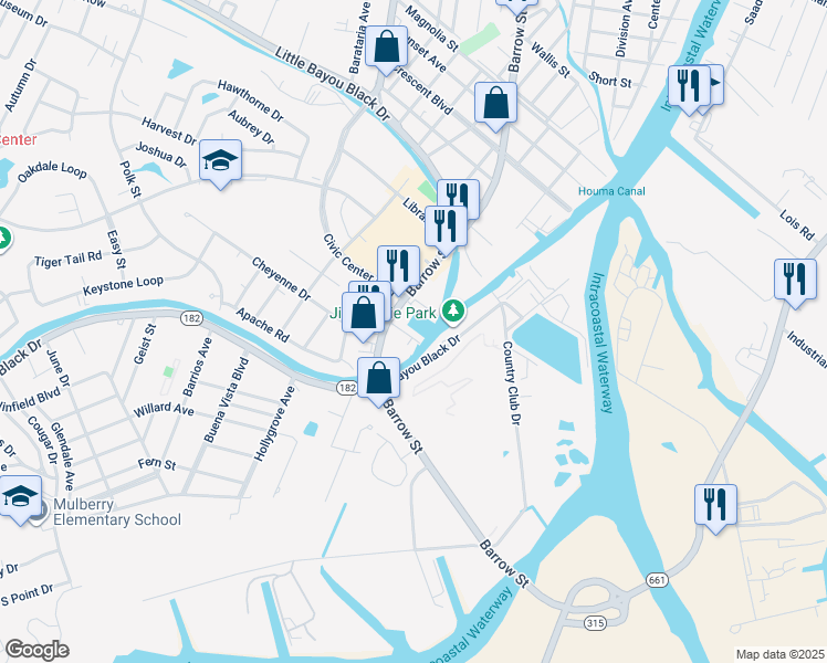 map of restaurants, bars, coffee shops, grocery stores, and more near Barrow Street in Houma