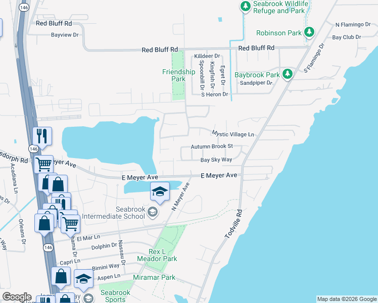 map of restaurants, bars, coffee shops, grocery stores, and more near 1113 Autumn Brook Street in Seabrook