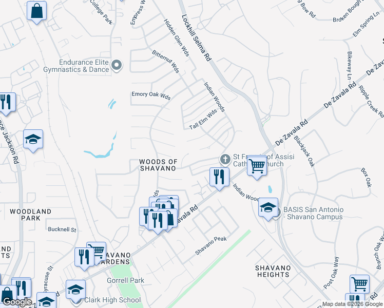 map of restaurants, bars, coffee shops, grocery stores, and more near 4327 Fig Tree Woods in San Antonio