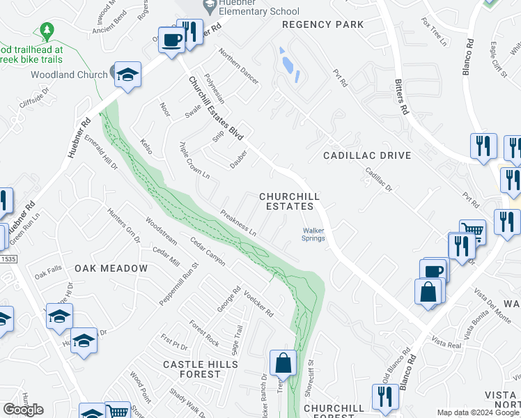 map of restaurants, bars, coffee shops, grocery stores, and more near 14235 Real Delight in San Antonio
