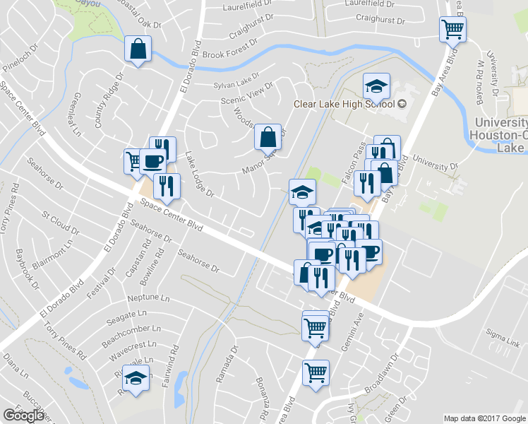 map of restaurants, bars, coffee shops, grocery stores, and more near 2338 Fairwind Drive in Houston