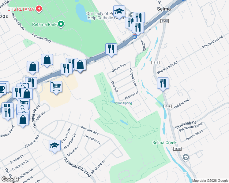 map of restaurants, bars, coffee shops, grocery stores, and more near 15207 Cog Hill in Schertz