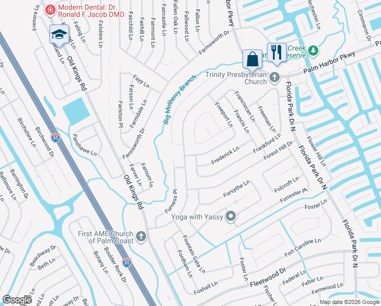 map of restaurants, bars, coffee shops, grocery stores, and more near 110 Frontier Drive in Palm Coast