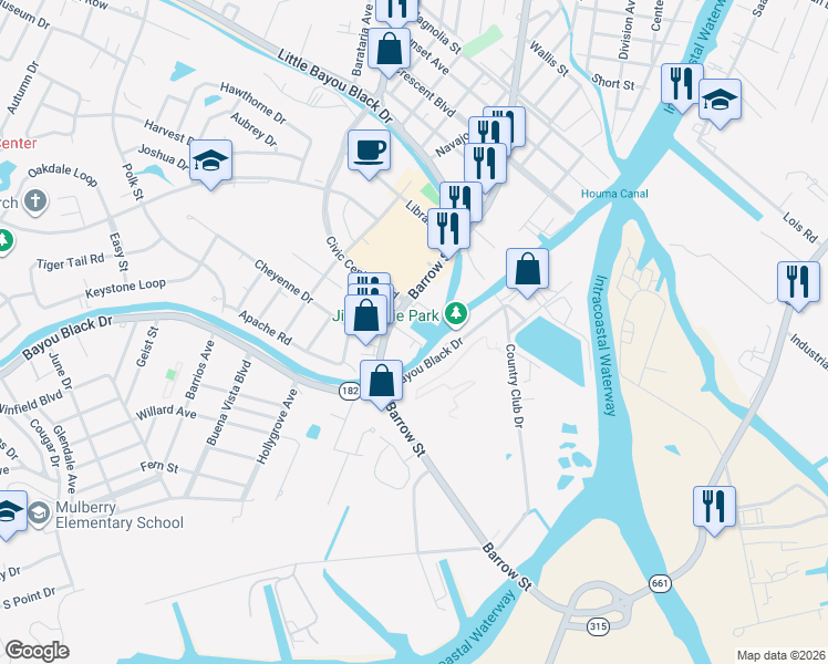 map of restaurants, bars, coffee shops, grocery stores, and more near 3031 Barrow Street in Houma