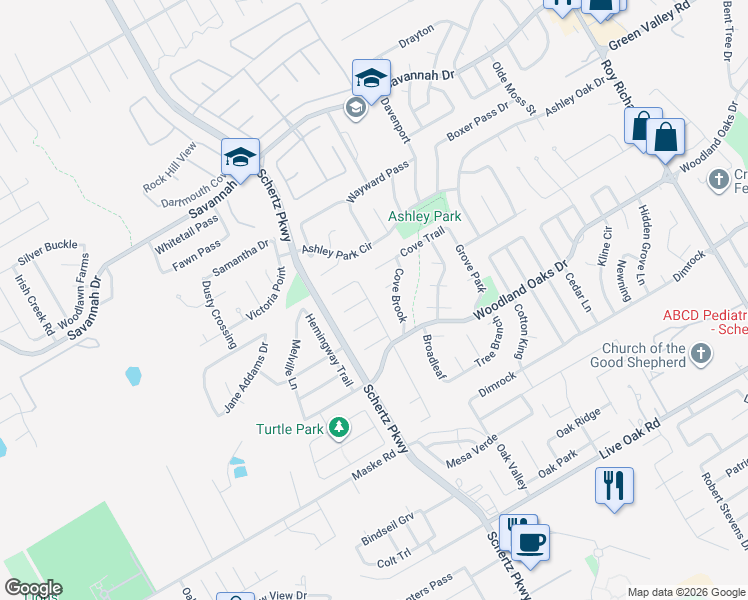 map of restaurants, bars, coffee shops, grocery stores, and more near 2624 Tree Crown in Schertz