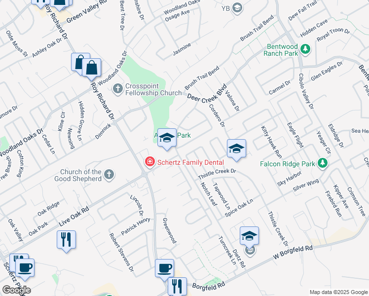 map of restaurants, bars, coffee shops, grocery stores, and more near 229 Fawn Ridge in Cibolo