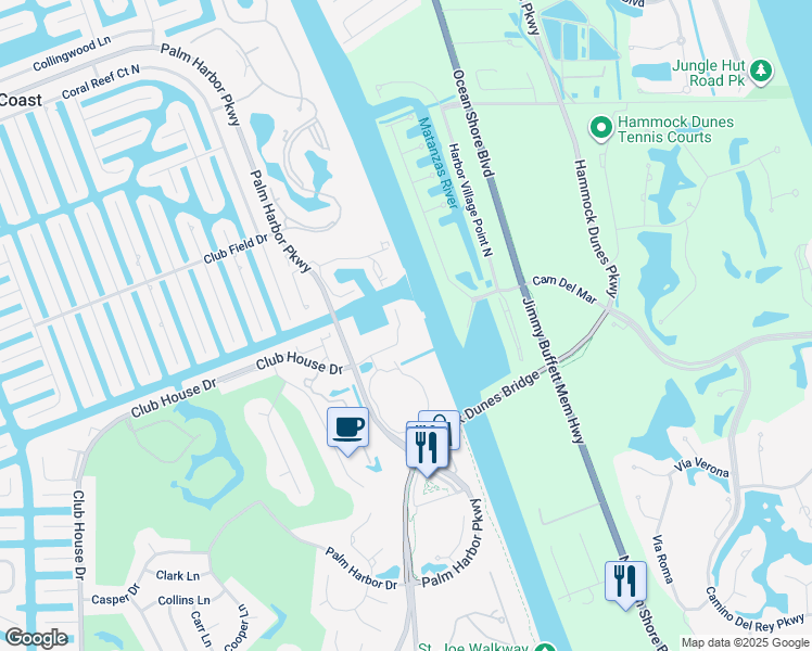 map of restaurants, bars, coffee shops, grocery stores, and more near 300 Clubhouse Dr in Palm Coast