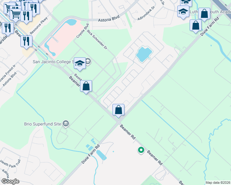 map of restaurants, bars, coffee shops, grocery stores, and more near 12434 Lark Fair Lane in Houston