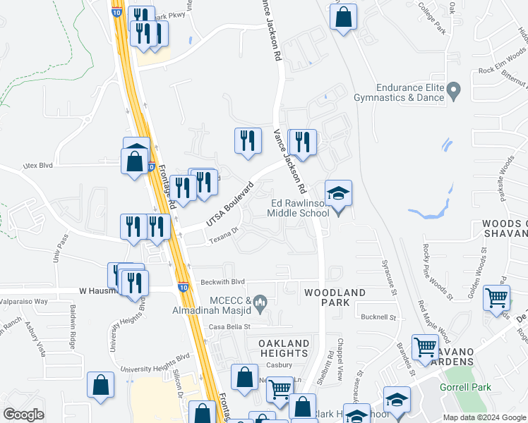 map of restaurants, bars, coffee shops, grocery stores, and more near 5202 Texana Drive in San Antonio