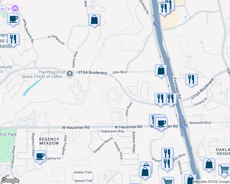 map of restaurants, bars, coffee shops, grocery stores, and more near 5676-5684 UTSA Blvd in San Antonio