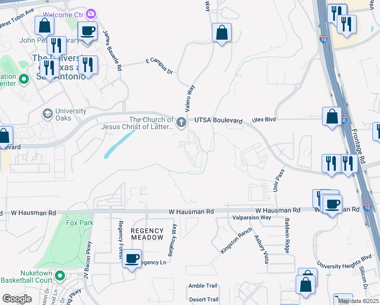 map of restaurants, bars, coffee shops, grocery stores, and more near 6222 UTSA Boulevard in San Antonio
