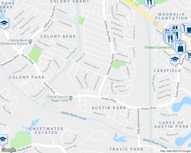 map of restaurants, bars, coffee shops, grocery stores, and more near 3111 Redcliff Drive in Sugar Land