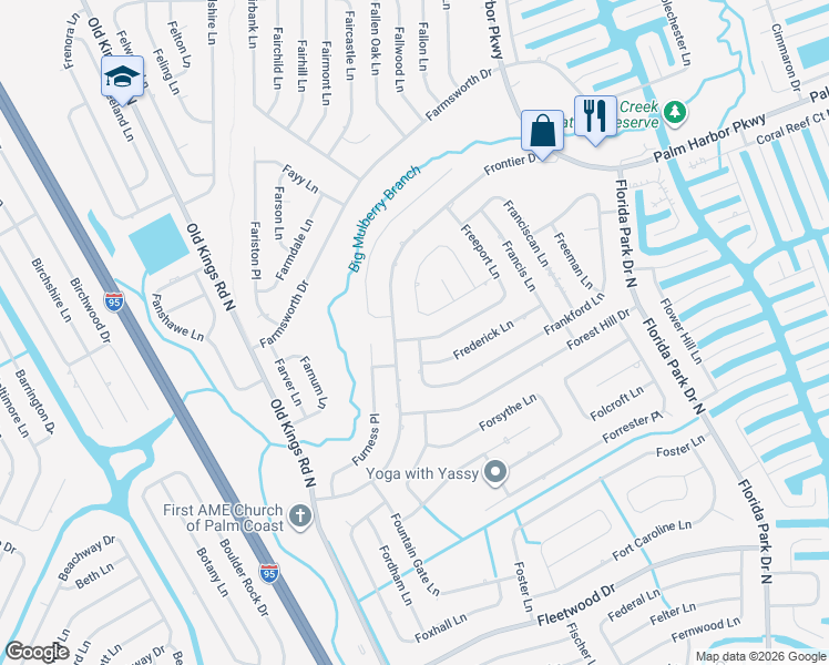 map of restaurants, bars, coffee shops, grocery stores, and more near 110 Frontier Drive in Palm Coast
