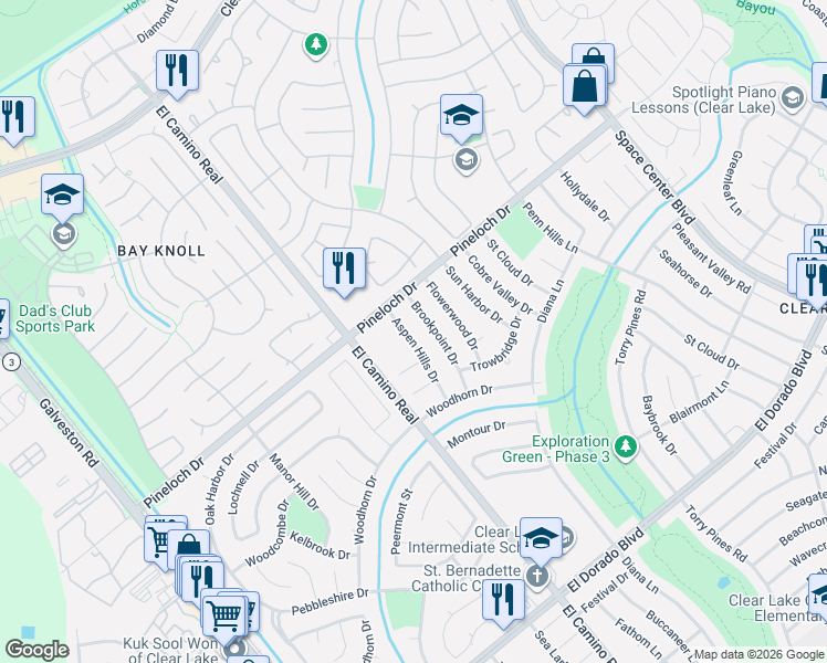 map of restaurants, bars, coffee shops, grocery stores, and more near 14922 Brookpoint Drive in Houston